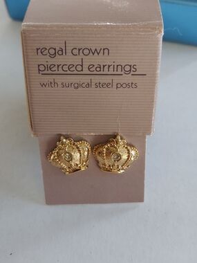 Vintage Avon Regal Gold Crown Stud Earrings with Clear Center Stones
